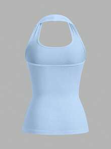 SHEIN EZwear Light Blue Tight-Fit Casual Halter Neck Cami Top For Women, Suitable For Summer