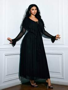Viva Relle Plus Size Fashion Ruffle Trim Long Sleeve Tie Waist Dress - Black - View 6