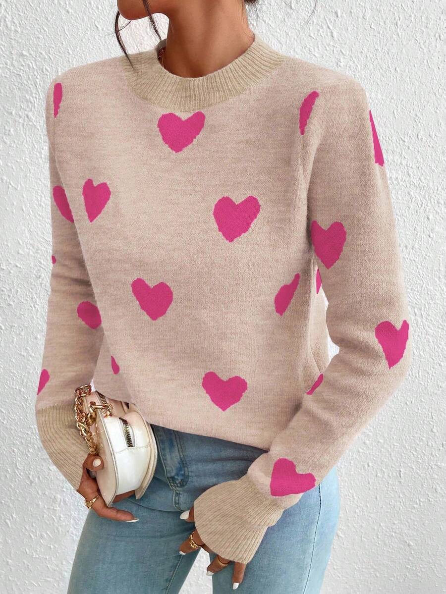 Chiquease 心形提花圆领休闲长袖女式毛衣，秋冬 - 彩色 - 查看 1