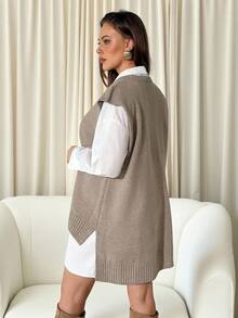 Auralis 大码休闲百搭纯色前短后长针织背心 - 卡其色 - 查看 2