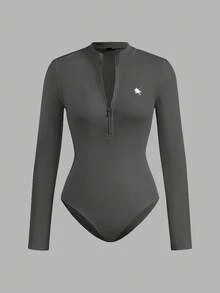 SHEIN EZwear 2件套黑色和深灰色女式小马印花拉链高领紧身连体衣套装 - 彩色 - 查看 9