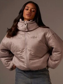 Athîral Women's Taupe Padded Outerwear Coat | Plush Microfiber Shell, Oversized Boxy Fit, High Stand Collar With Hood, Full-Length Sleeves, Minimalist Zip Front & Snap Closure, Quilted  Structure For Winter Warmth, Branded Brushed Peached High Neck Puffer Coat, Sporty, Winter Warm, New Year, Women's Winter Coat - Grey - View 1
