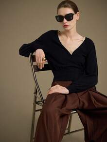 Ontre 2025秋冬新款黑色裹身系带侧蝴蝶结V领长袖针织开衫，现代优雅都市浪漫西部朋克Y2K乡村音乐节复古韩国机场旅行街头婚礼嘉宾生日万圣节商务休闲办公室约会派对外出机场返校秋冬女装 - 黑色 - 查看 3