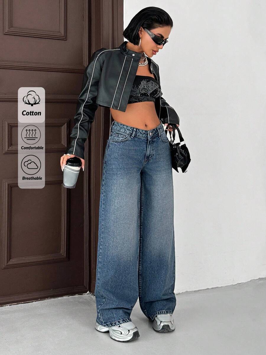 EURMUSE 女士口袋宽松阔腿休闲百搭牛仔裤 - 中等水洗藍 - 查看 1