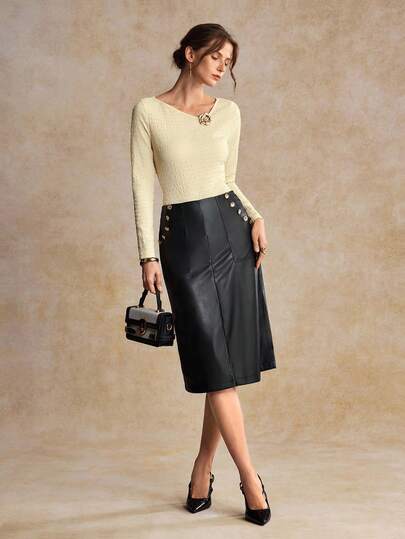 House of One High-Waist Slant Pockets A-Lined Black PU Midi Skirt With Front Slit Women Autumn Elegant Wear