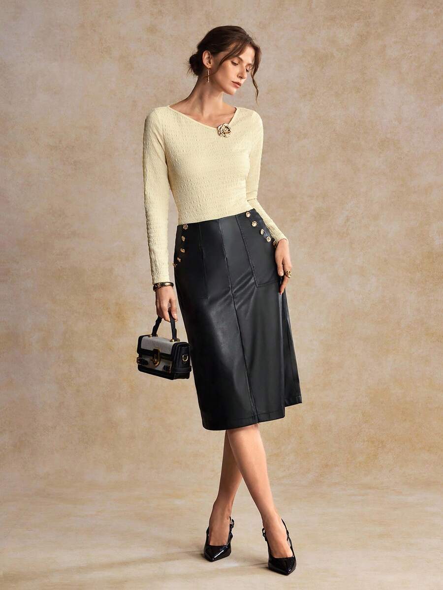 House of One High-Waist Slant Pockets A-Lined Black PU Midi Skirt With Front Slit Women Autumn Elegant Wear
