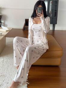 DAZY 3件套蝴蝶结印花吊带背心、裤子和长袖纽扣门襟上衣女士睡衣套装，秋冬服装 - 白色 - 查看 6