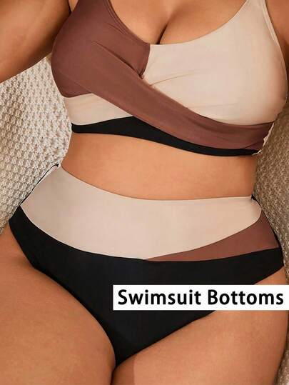 SHEIN Swim Curve 大码女式多色块高腰简约三角形比基尼泳裤，性感优雅的度假沙滩装，女士度假装，女士沙滩装