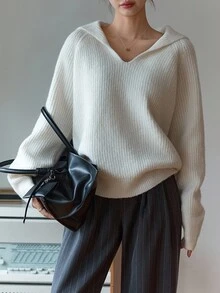 DAZY 女式宽松长袖套头休闲毛衣秋冬 - 白色 - 查看 4