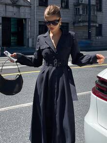 DAZY Women's Fashionable Casual Waist Belt Trench Coat Style Mid-Length Dress Button Up Shirt Dress - Navy Blue - View 3