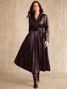 Anewsta Women's Red Collared Fitted Waist Cinched Waist Pleated Hem Elegant Dress, Suitable For New Year, Christmas, Winter Elegant Outfit - Burgundy - View 3