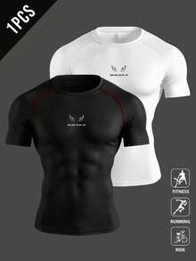 Gym Rark 2 piezas Camiseta deportiva de compresión para hombres con mangas raglán, estampado de alas y eslogan, y ribete de contraste - Negro - Ver 1