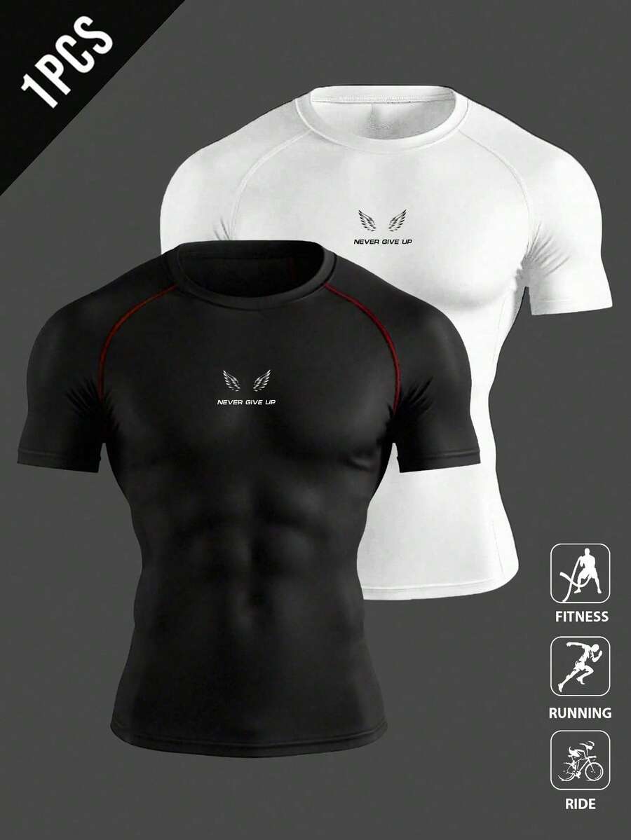 Gym Rark 2 piezas Camiseta deportiva de compresión para hombres con mangas raglán, estampado de alas y eslogan, y ribete de contraste - Negro - Ver 1