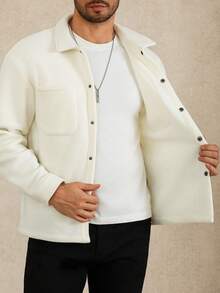 Manfinity Homme 男士休闲长袖口袋衬衫式外套，秋冬季奶油色男士白色抓绒衬衫式外套 - 米色 - 查看 8