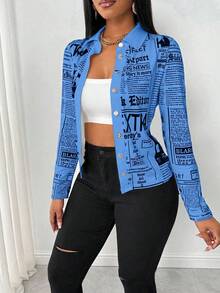 Zolique 女士前扣长袖字母印花休闲衬衫，日常穿着 - 藍色 - 查看 4
