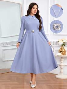 Modelyn Plus Size Women's Rhinestone Embellished Puff Sleeve Pointed Collar Elegant Dress - Blue - View 2