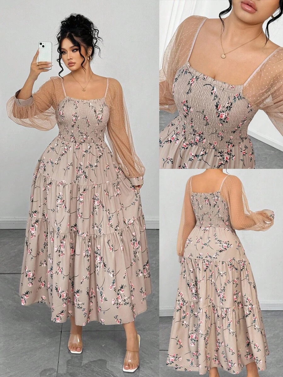 Elenzga Váy maxi dài tay ôm sát, họa tiết hoa hồng, chấm bi, xếp tầng, màu kaki thanh lịch cỡ lớn dành cho nữ, mùa xuân/thu - Nhiều màu - Xem 1