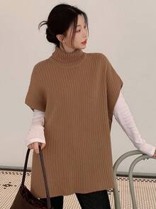 DAZY Suéter de punto suelto de cuello alto y manga corta, de unicolor, elegante y casual, para otoño/invierno - Café integral - Ver 4