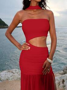 Opulessa Vestido ajustado con abertura y diseño de calado de punto de unicolor para mujer