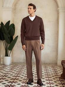 Manfinity Homme Áo len cổ chữ V màu trơn đa năng thường ngày cho nam Áo len tông màu đất Áo len nam màu nâu, Thu Đông - Nhiều màu - Xem 4