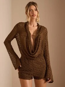 SHEIN BAE 女式纯色低胸喇叭袖性感连体衣 - 綠色 - 查看 5