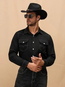 Manfinity Nomadique Men's Solid Front Button-Down Casual Long-Sleeved Shirt, For Fall - Black - View 7