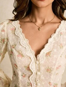 Poéselle Elegant Commuter Woven Embroidered Floral Lace Trim Long Sleeve Blouse - Pink - View 4