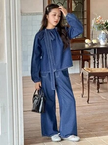 DAZY Tween Girl Fashion Design Casual Denim Set Fall/Winter - Blue - View 5