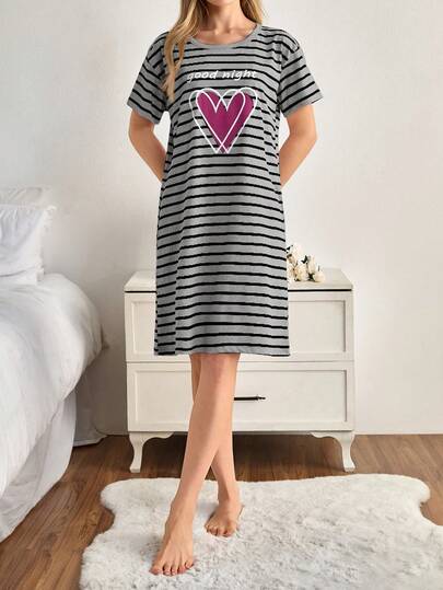 EURM Katoenen Women Round Neck Colour Gestreepte Heart Printed Short Sleeved Pajama Dress view 4