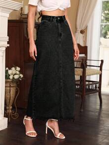 Selenza Women's High Waist Pocketed Long Casual Denim Midi Skirt - Black - View 4