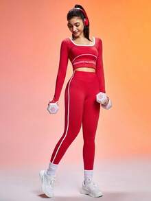 Core Rhythm Women's Seamless Solid Color High Waist Tummy Control Contrast Color Trim Leggings Yoga Pants