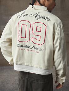 AXEPEAK 男士秋季标语印花长袖口袋休闲夹克，适合秋冬 - 杏色 - 查看 2