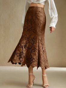 Anewsta 女士时尚优雅拼布设计重磅蕾丝镂空棕色半身裙，秋冬 - 咖啡棕 - 查看 5