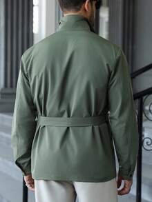 Manfinity CasualCool Men's Solid Color Front Button Casual Loose Design Green Trench Coat, Fall