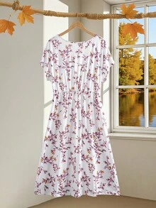 EMERY ROSE Plus Size Casual Floral All-Over Print Drawstring Waist Dress,Summer Dresses For Women - White - View 2