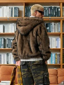 STEELVANCE 男士冬季长袖拉链休闲连帽仿皮草大衣，秋季