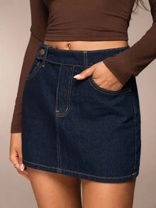 Avantive Women's Solid Color Fashion Simple Design Versatile Casual Denim Skirt Denim Skorts For Women Jean Skirt Y2k Jean Skirt Mini Casual New Year Look Halloween Fall Clothes For Women /Winter/Autumn/Out Outfits/Birthday Outfits/Casual/Millennium /2000/90s/Western-Style Women/Club/Office/Cocktails/Retro /Rave Outfits Festival/Fun/Classic/Old Money/Streetwear/Workwear/Bachelorette Outfits/Concert/Basic/Gong Out/Elegant/Casual/Going Out - Dark Wash - View 4