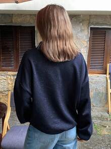 DAZY 女式宽松 Polo 领亮面面料长袖运动衫 - 藏蓝色 - 查看 6