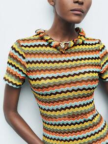 Maija 女式秋冬多色条纹修身圆领短袖长裙，别致度假浪漫休闲精致时尚几何波浪提花针织海滩波西米亚风格度假连衣裙 - 彩色 - 查看 7