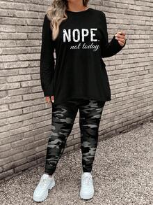 EMERY ROSE 2 件套大码女式迷彩字母印花长袖 T 恤和瑜伽裤，休闲秋冬装 - 黑色 - 查看 5