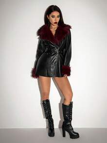SHEIN ICON Áo khoác dạ dạ hội bằng da mềm mại màu tương phản màu đen Gothic Halloween dành cho nữ, thời trang đi làm, lông giả, chắp vá, mùa đông - màu đen - Xem 16