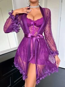 Seduluxe 2pcs Set: 3D Floral Lace Robe + Fishbone Waist Design Lace Camisole Nightgown - Purple - View 5