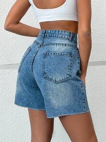 CasuGlow 100%Cotton Women's Frayed Straight-Leg Denim Shorts - Medium Wash - View 2