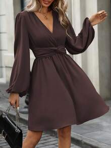 EMERY ROSE Women's Solid Color Criss-Cross V-Neck Lantern Sleeve Twist Waist Fashionable Dress