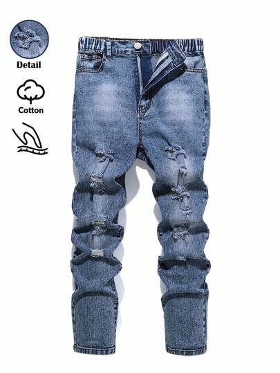 Coola coola pojkmode, slitna, blekta spraymålade jeans, matchande pendlare i gatustil med vintage-svarta denimbyxor