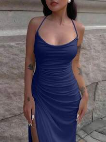INAWLY Fitted Sexy Plunging Neck Ruched Slit Criss-Cross Strap Dress - Royal Blue - View 4