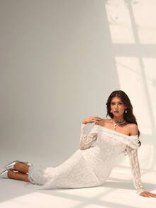 Almamuse 女士优雅露肩长袖蕾丝紧身连衣裙 - 白色 - 查看 6