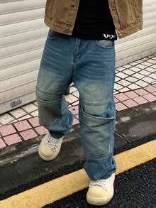 Manfinity EMRG Men's Casual Washed Patchwork Denim Jeans Y2K Vintage Washed Blue OVERSIZE Party College For Double Knee Jeans - Light Wash - View 4