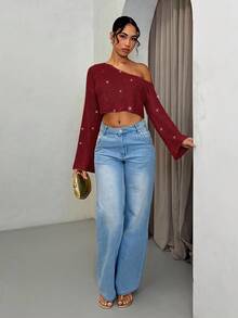SHEIN BAE 女士纯色闪亮斜肩长袖短款时尚毛衣秋冬女装 - 酒紅色 - 查看 4