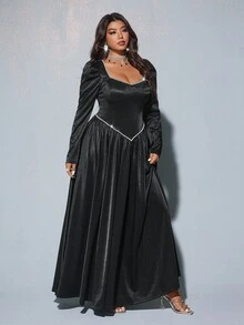 Viva Relle Vestido versátil y de moda con cuello cuadrado, mangas abullonadas con perlas y cintura ceñida en talla grande